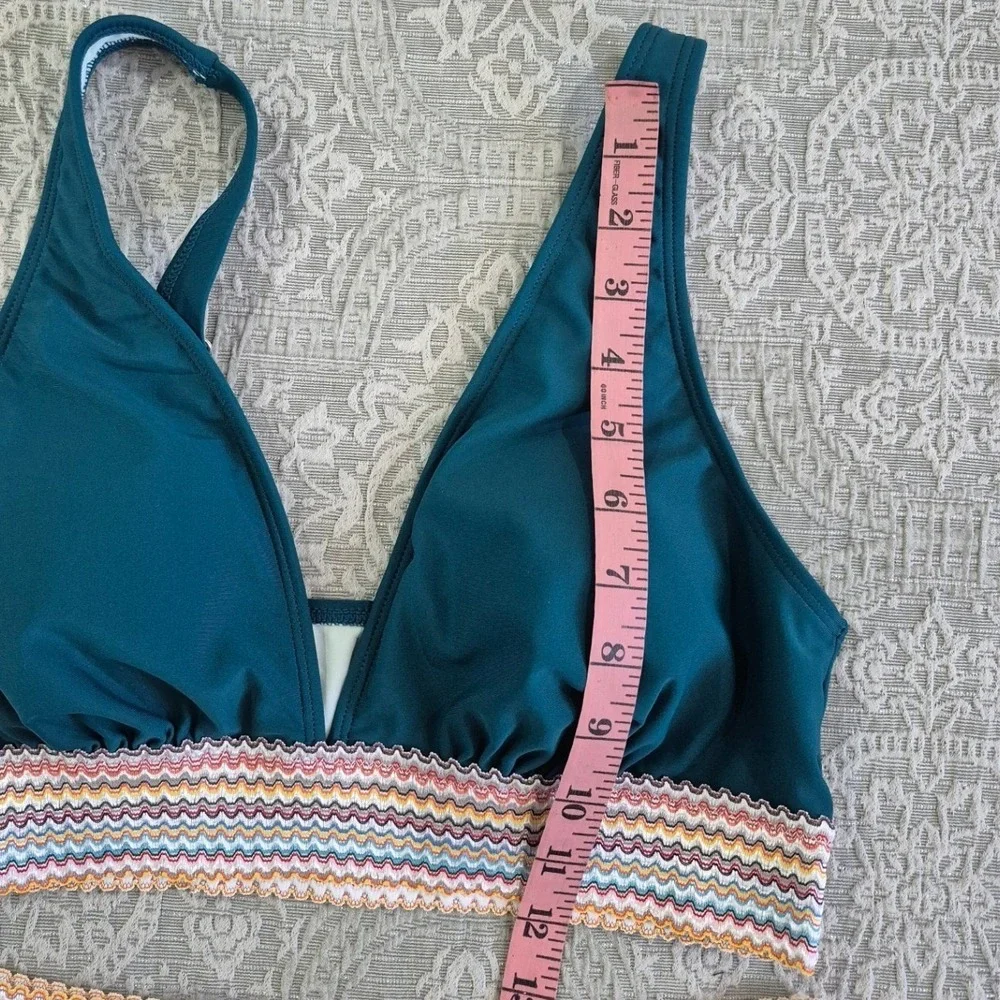 Teal High Waisted Bikini‎ Mesh Skirt Set Chevron Trim Womens Large